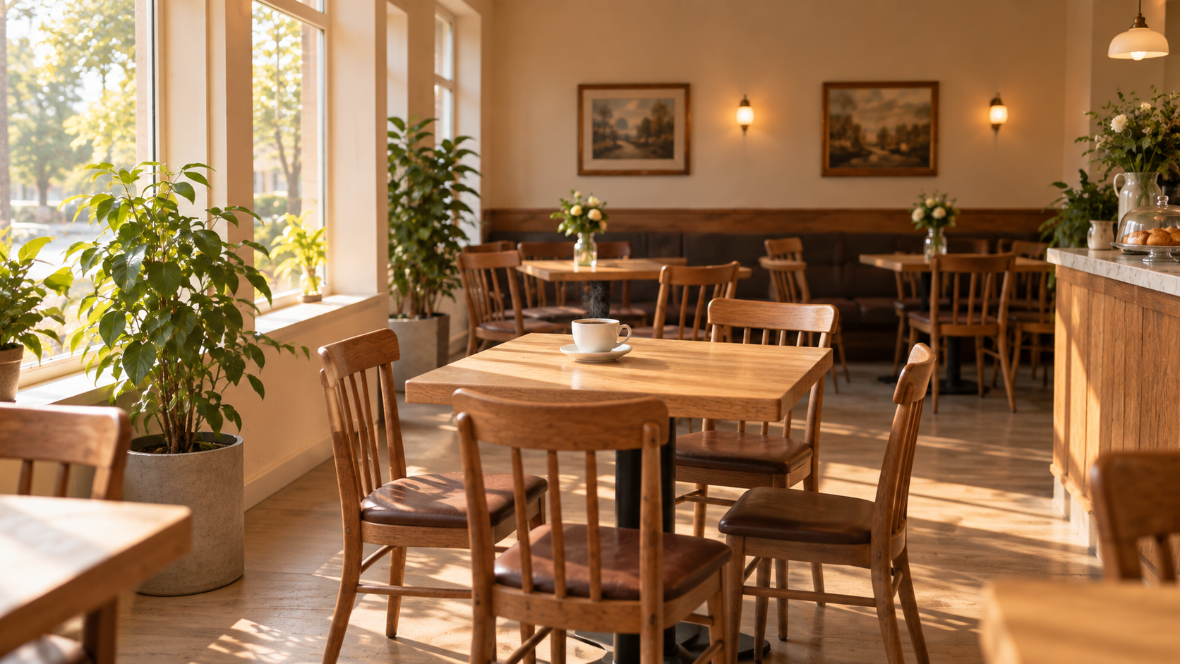 Ambiente fictício de cafeteria com mesas de madeira e luz quente entrando pelas janelas.