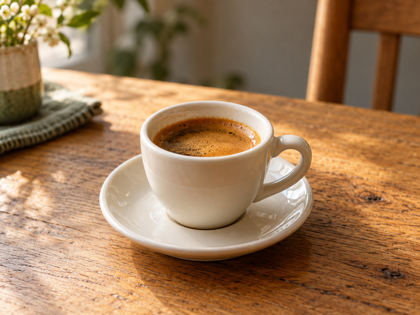 Espresso com crema dourada em xícara de cerâmica clara, sobre um pires.
