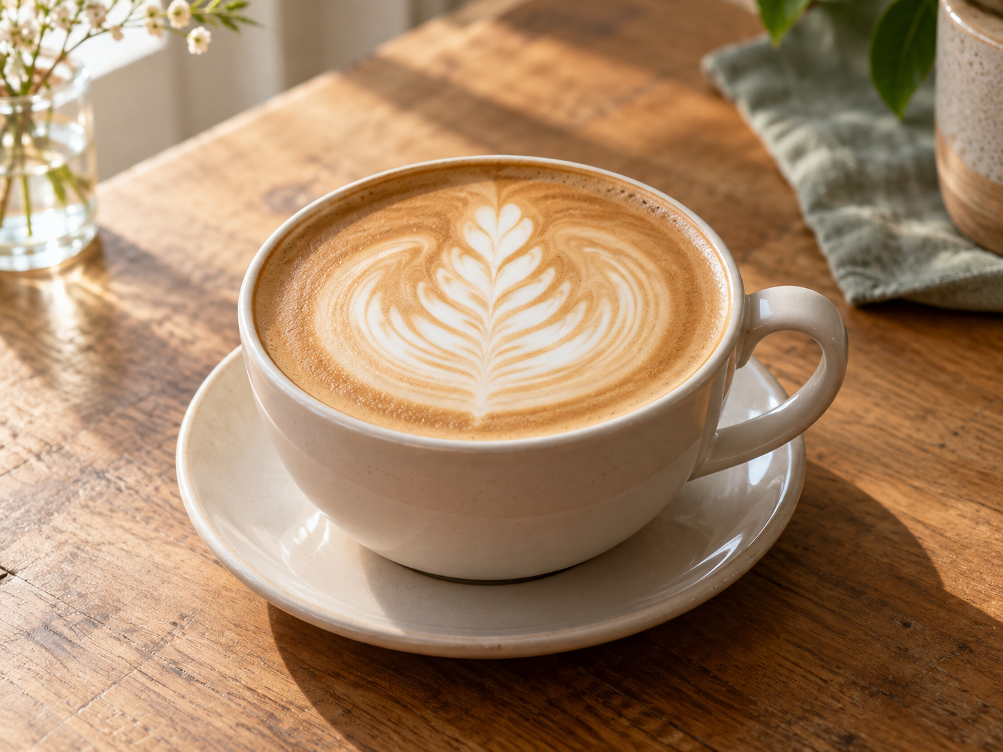 Latte cremoso com desenho de folha na espuma, servido em xícara clara.